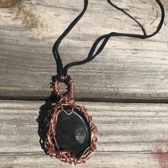 Black Obsidian Solid Copper Pendant Leather Necklace Handmade Artisan Wire Wrap - Picture 10 of 11
